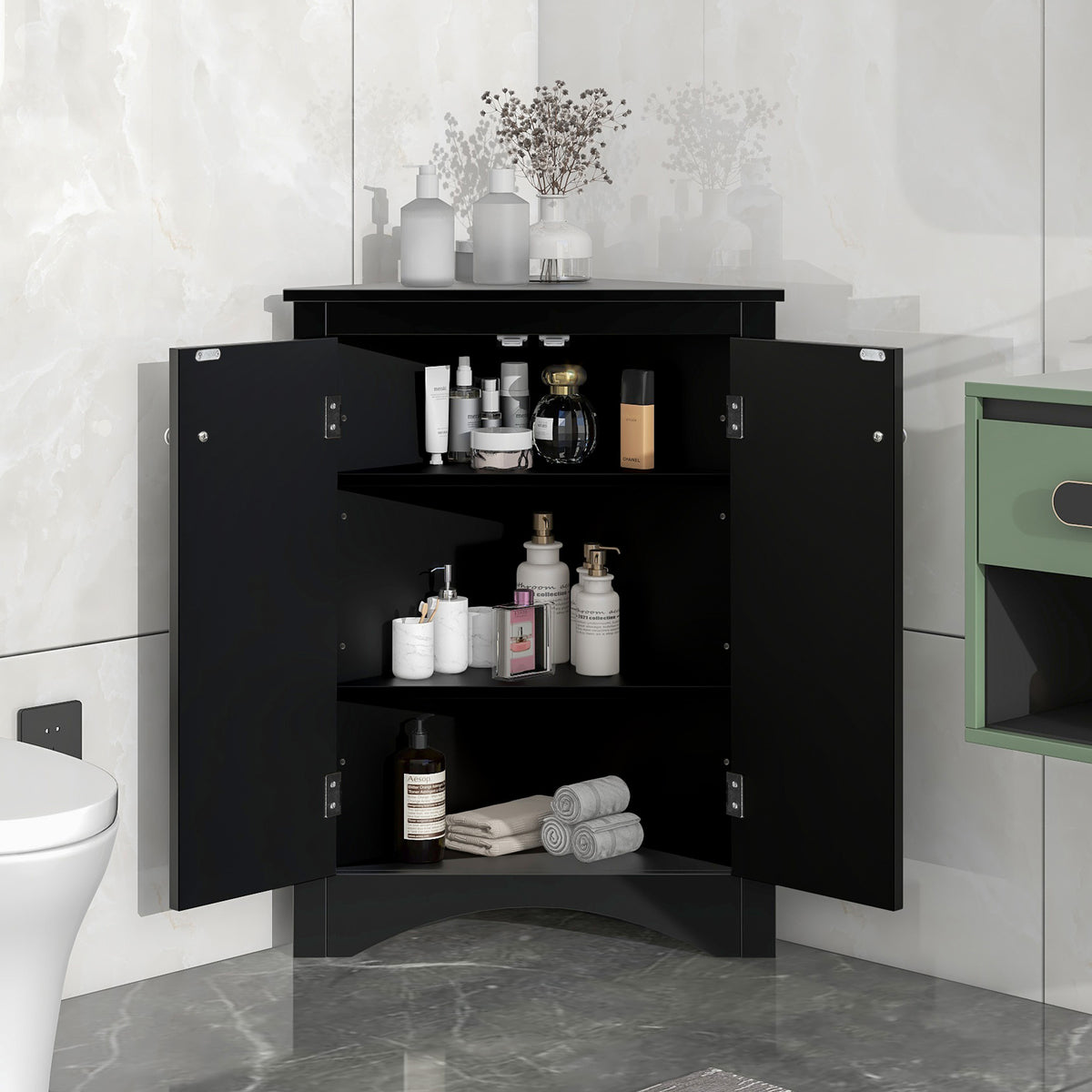 Black Corner Bathroom Cabinet with Shelves
