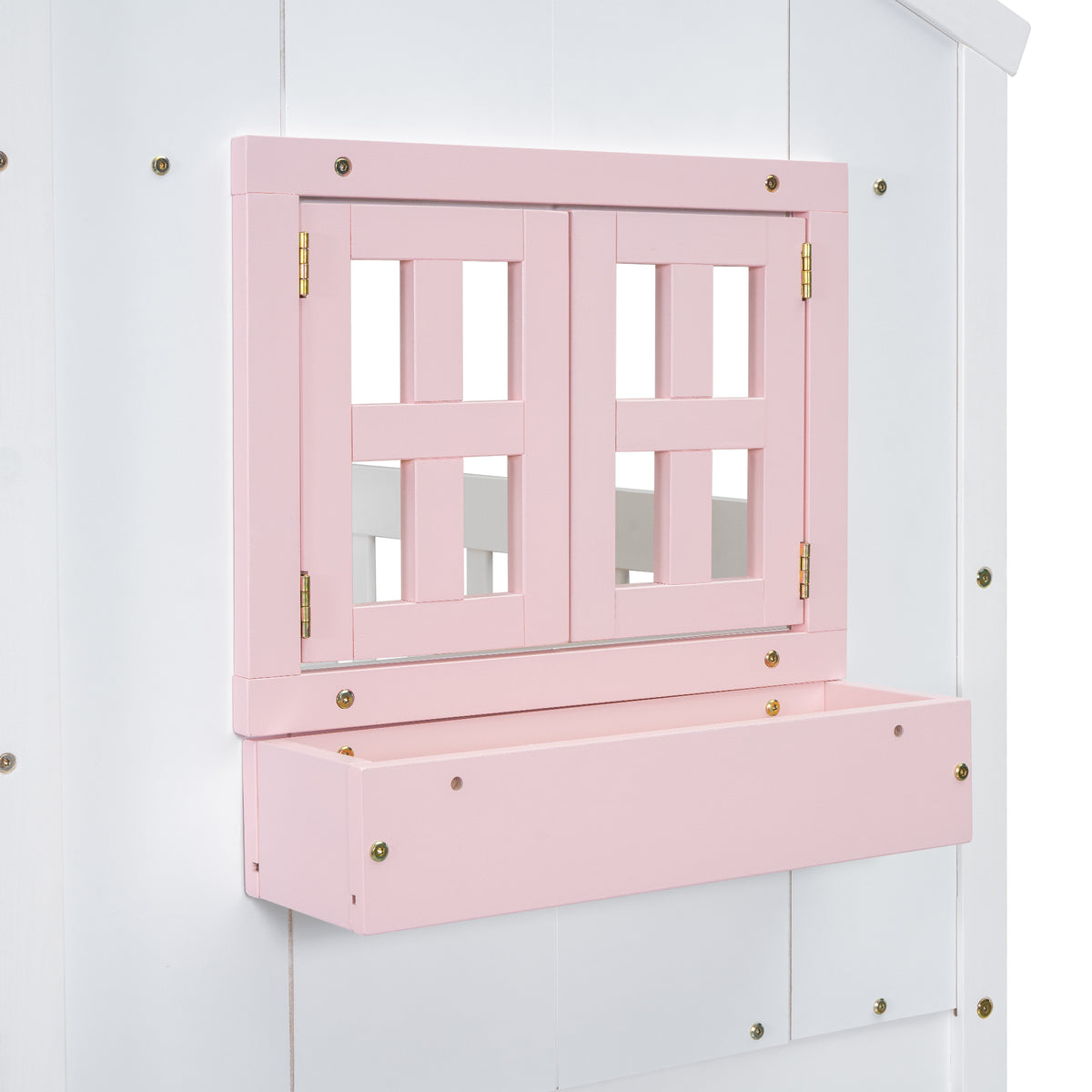 Twin House Bunk Bed with Ladder Pink White