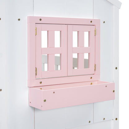 Twin House Bunk Bed with Ladder Pink White