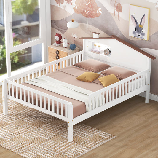 Full Platform Bed with LED Storage White