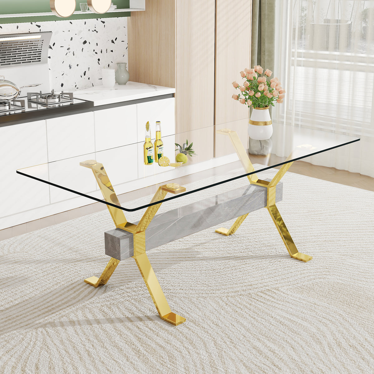 Glass Dining Table with Gold Metal Legs