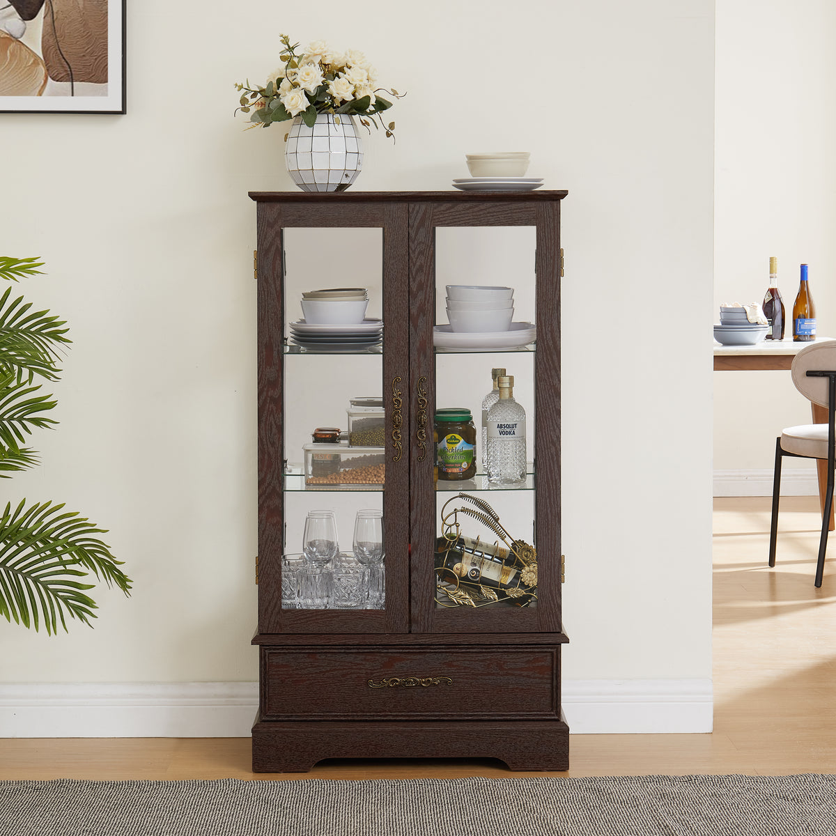 Light Oak Display Cabinet with Glass Frame and Drawer