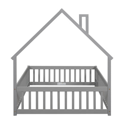 House Frame Bed with Fence Gray