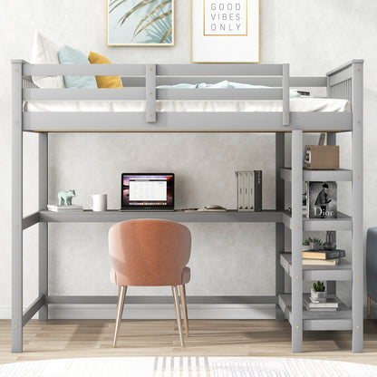 Full-Size Loft Bed with Desk and Drawers Gray