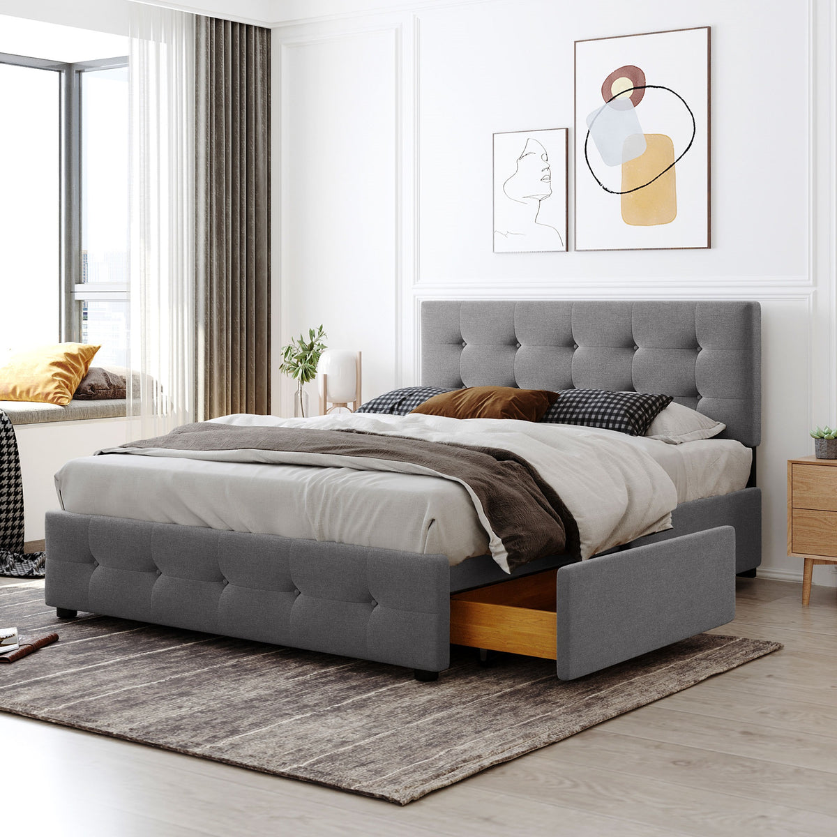 Upholstered Platform Bed with Drawers Light Gray