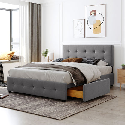 Upholstered Platform Bed with Drawers Light Gray