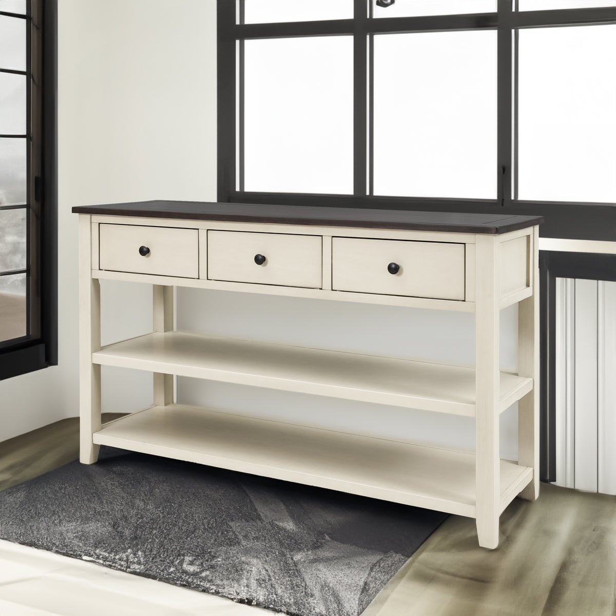 Beige Wood Console Table – Espresso Accents