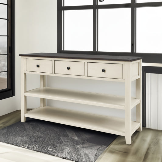 Beige Wood Console Table – Espresso Accents
