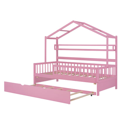 Twin House Bed with Trundle Pink