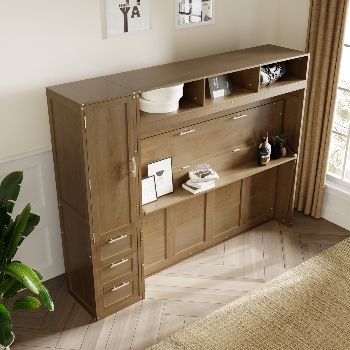 Antique Grey Murphy Bed with Storage Drawers