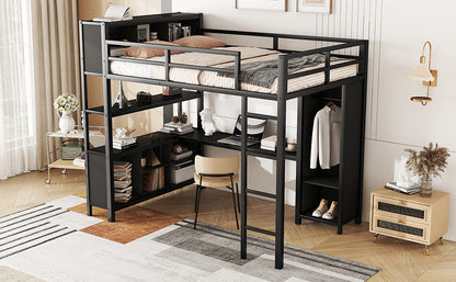 Metal L-Shaped Loft Bed – Black