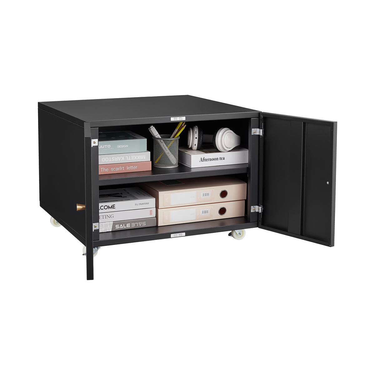 White Mobile Copier Cabinet – 2-Door Steel File & Printer Stand with Locking Wheels