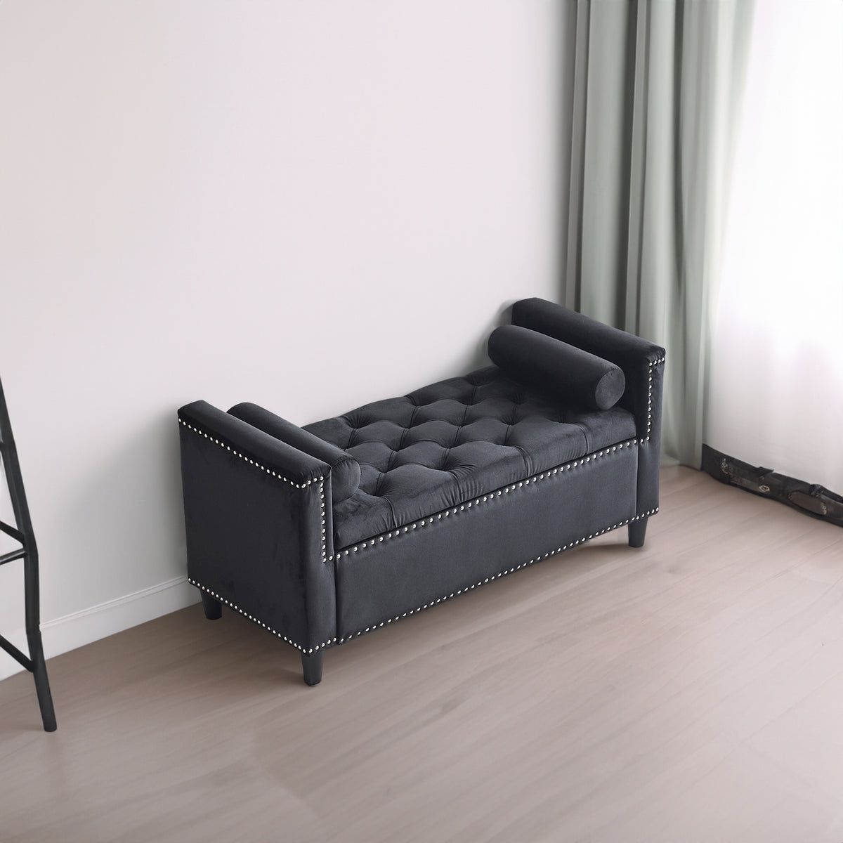 44-Inch Velvet Storage Bench with Armrests Black