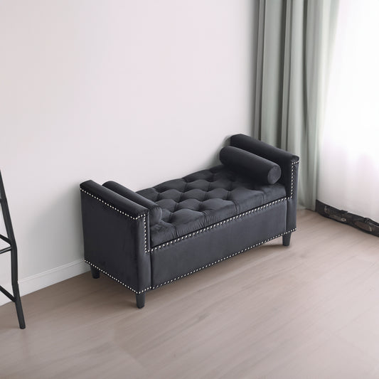 44-Inch Velvet Storage Bench with Armrests Black