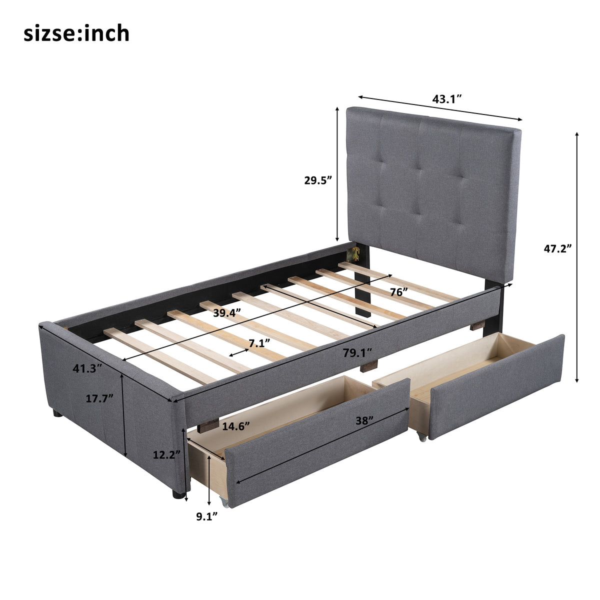 Linen Platform Bed with Headboard Twin
