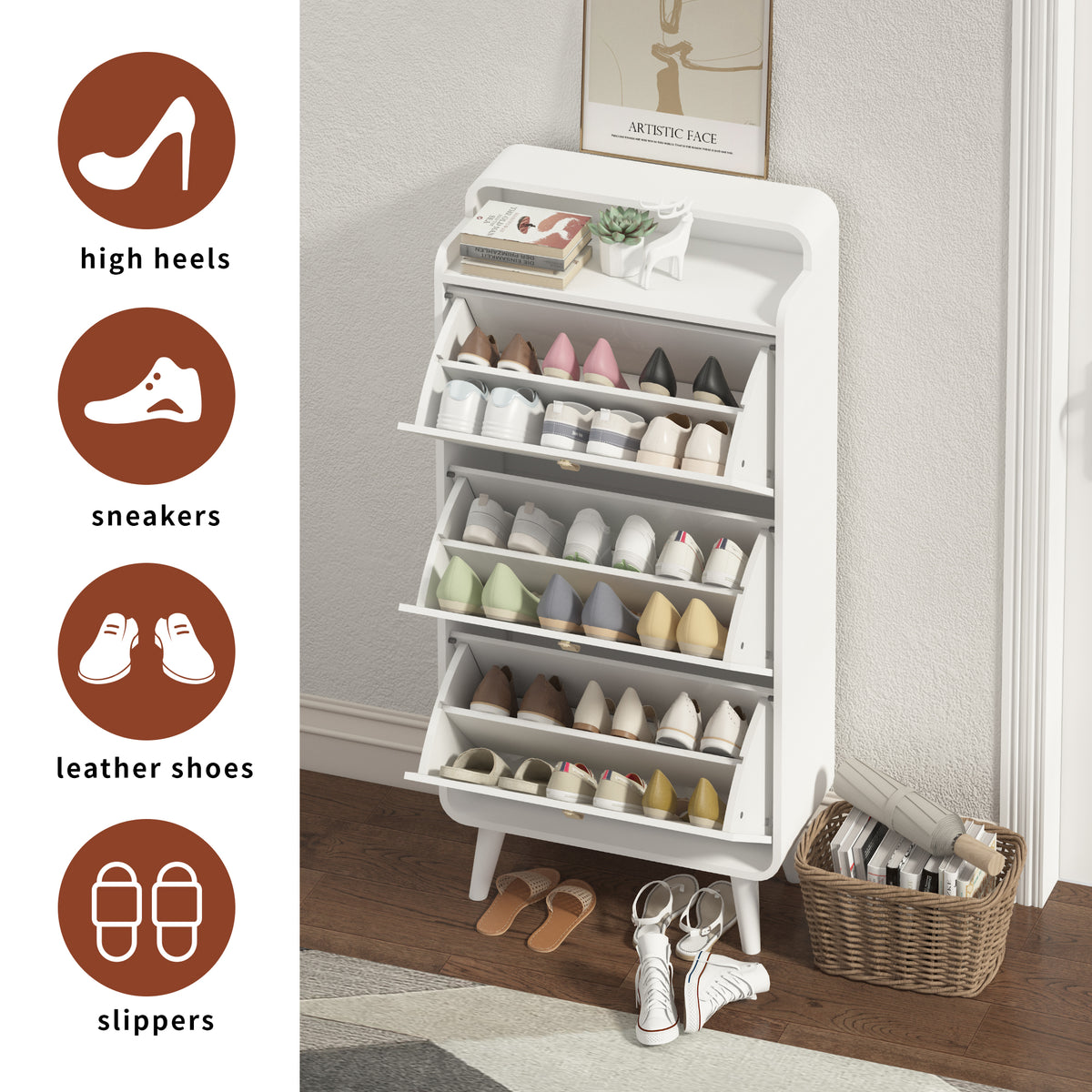 Modern Arc Design Shoe Cabinet White Finish