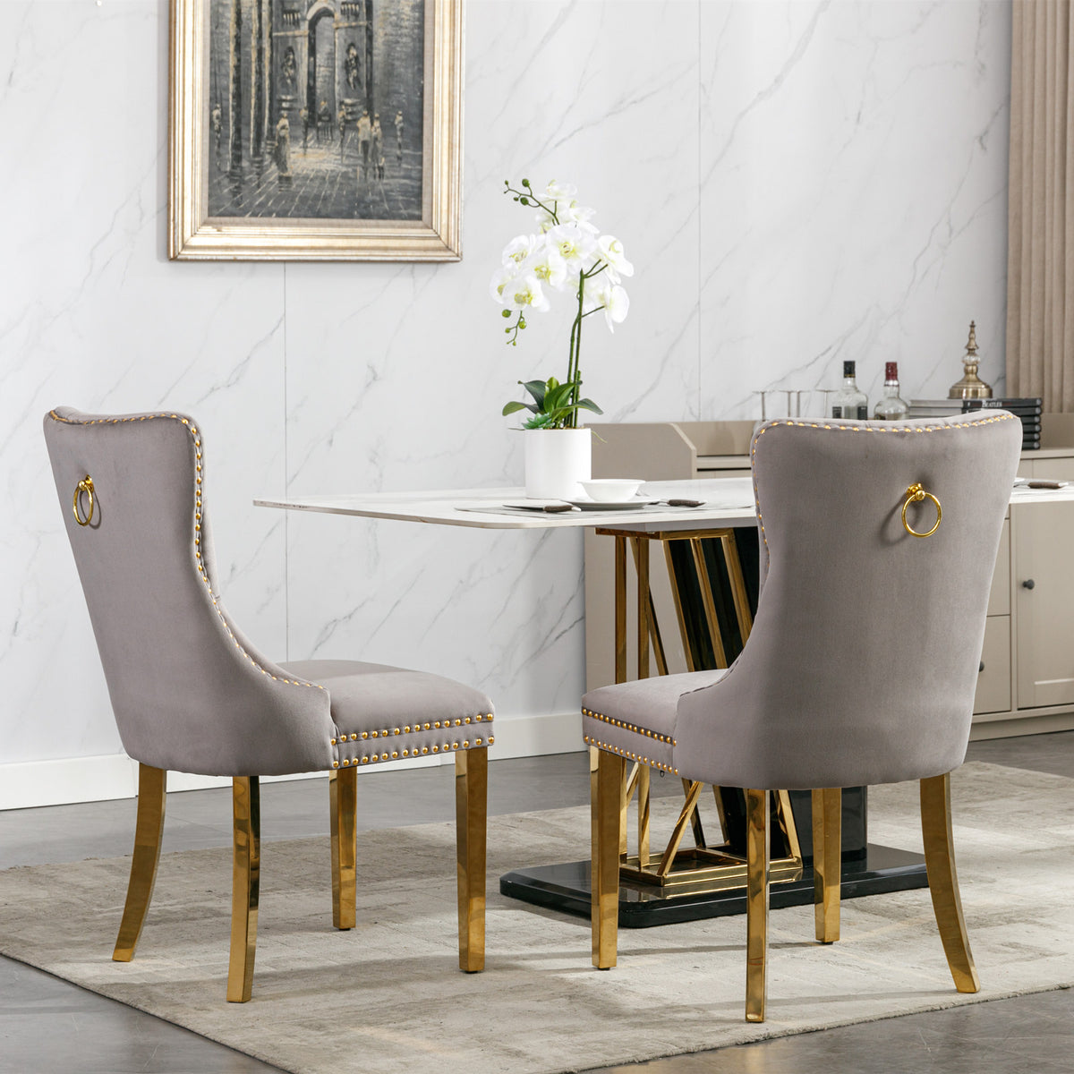 Tufted Velvet Dining Chair Set (2 pcs) – Gray & Gold Legs