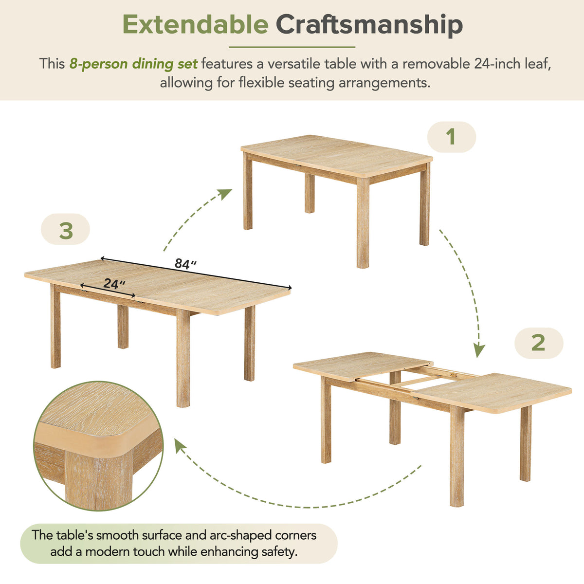 84” Expandable Dining Set – Natural Finish