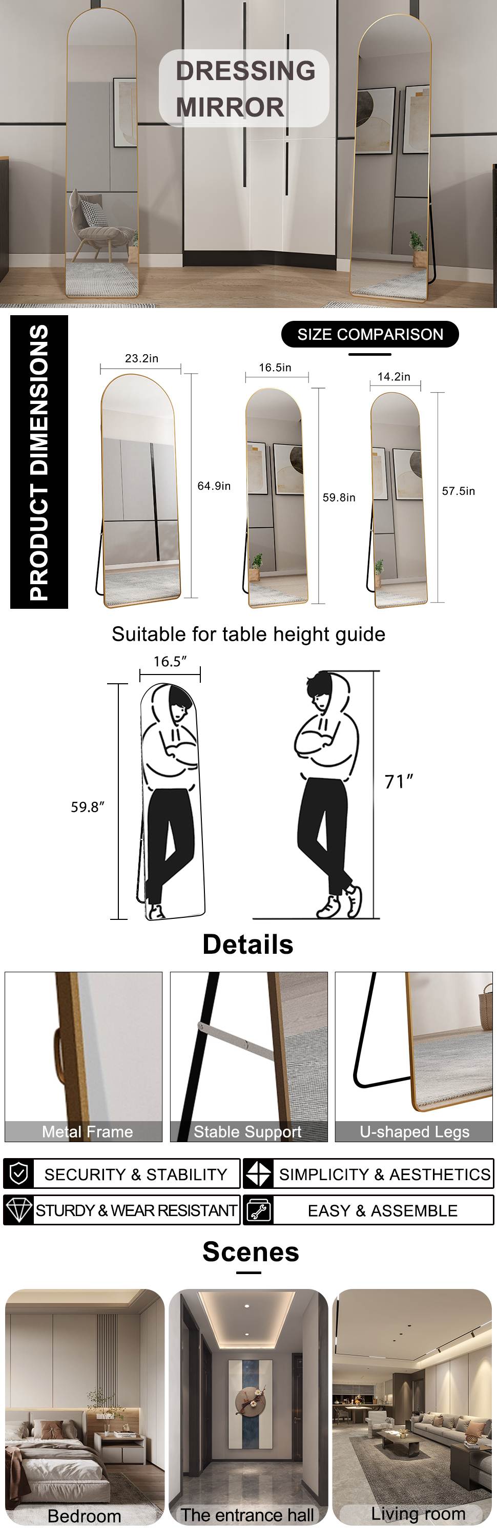 Full-Length Aluminum Alloy Wall Mirror Arched Frame