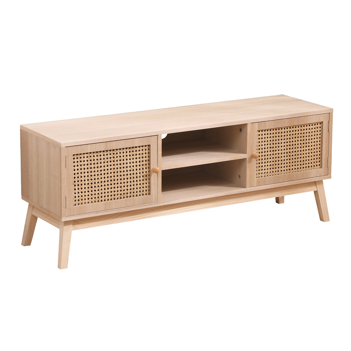 Boho Rattan TV Console – Natural Oak