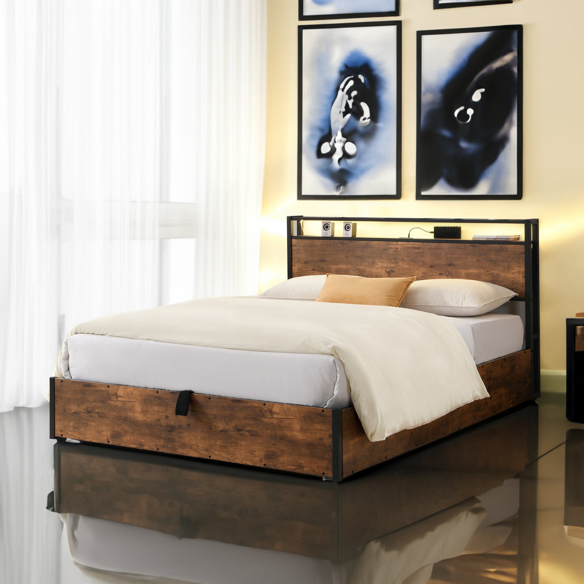 Elevating Platform Bed with LED Headboard Brown