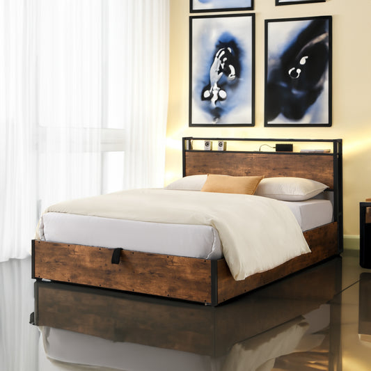Elevating Platform Bed with LED Headboard Brown
