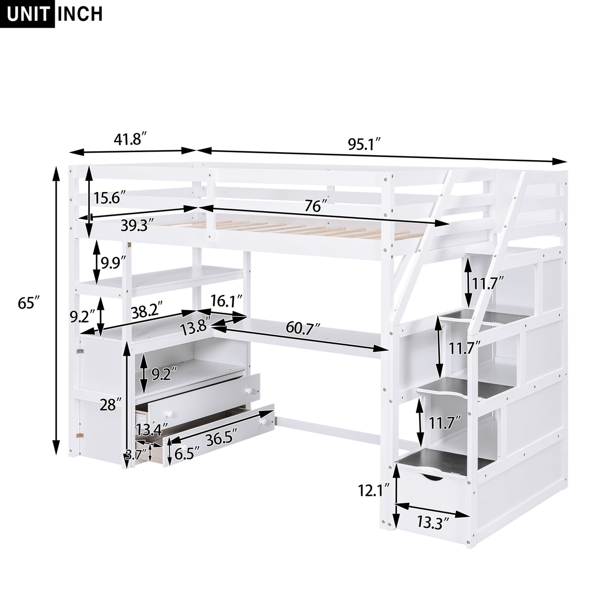 Twin Loft Bed with Storage Staircase White