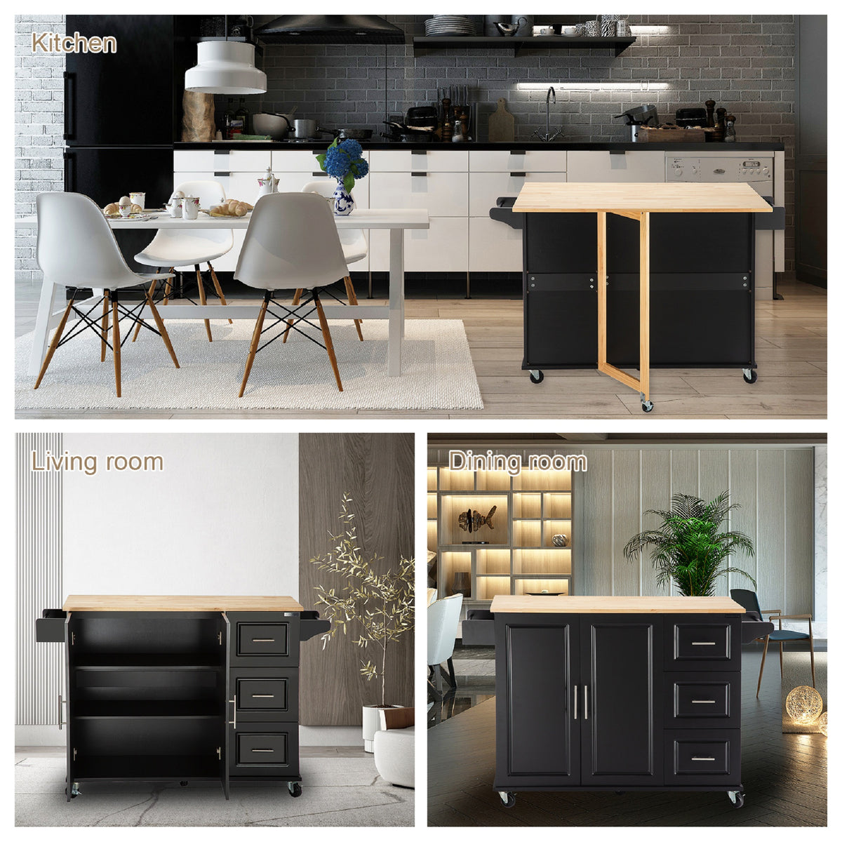 Extendable Kitchen Island with Rubber Wood Top