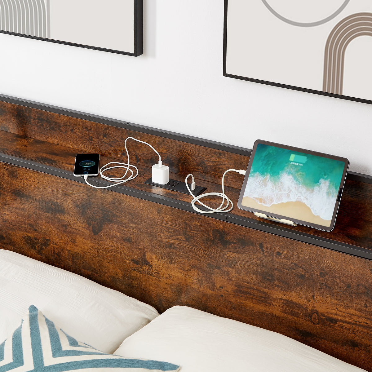 Upholstered Bed Frame with USB Charging Station