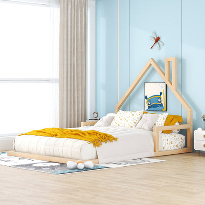 Full Wood Platform Bed with Fence Natural