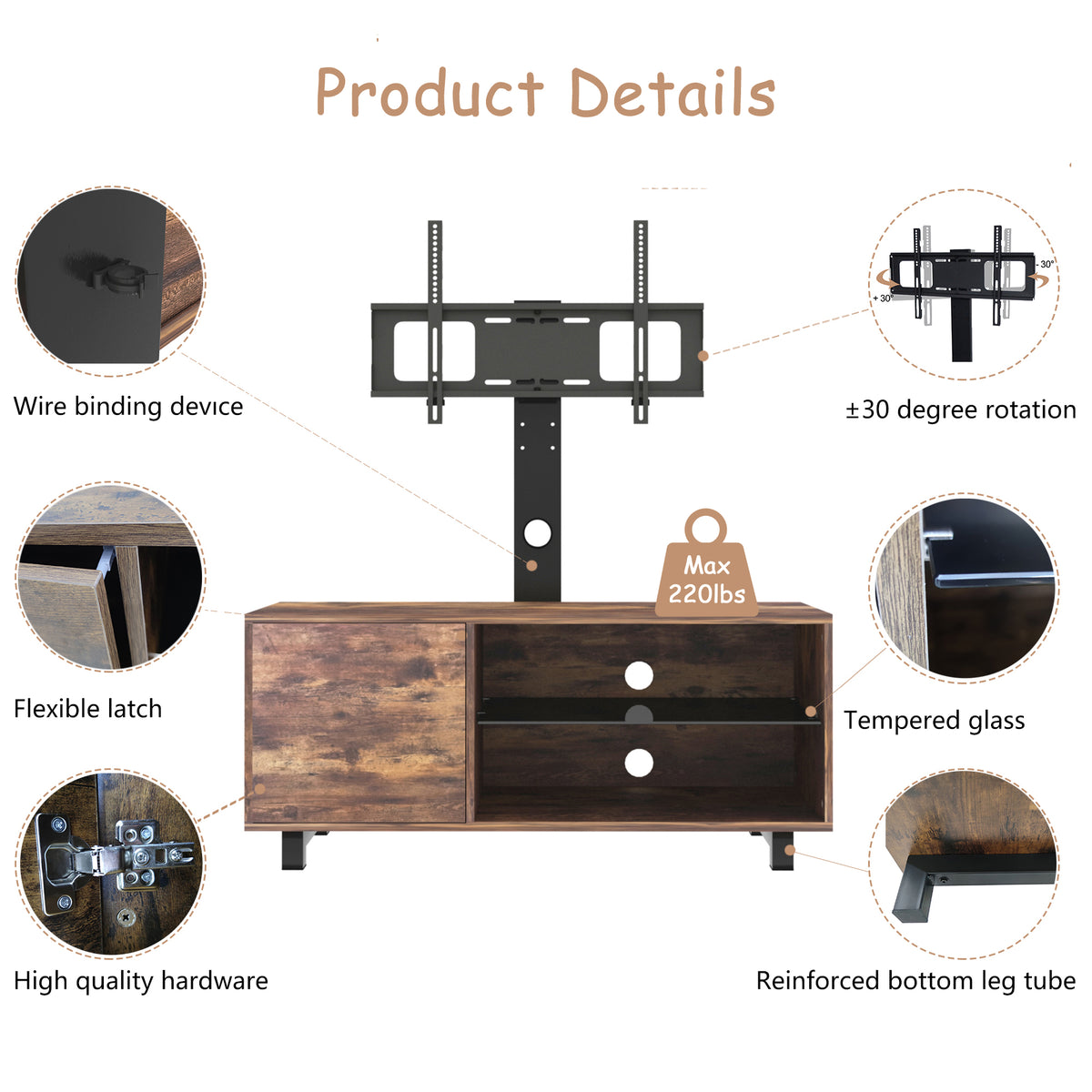 Rustic Brown TV Console – 65” Wood & Glass