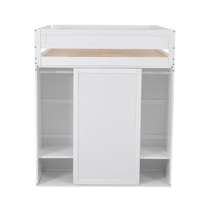 Full-Size Loft Bed with Wardrobe and Drawers White