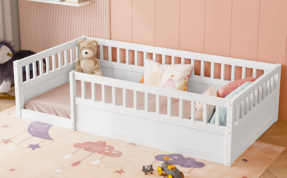 Wood Floor Twin Bed with Fence White