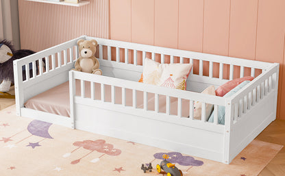 Wood Floor Twin Bed with Fence White