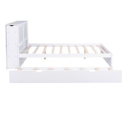 Queen Storage Platform Bed with Trundle White