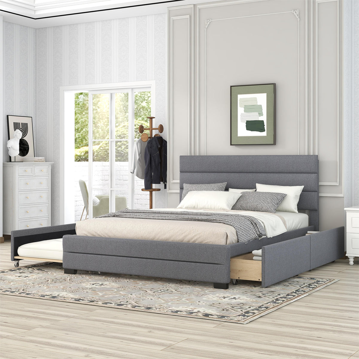 Queen Upholstered Bed with Trundle Gray