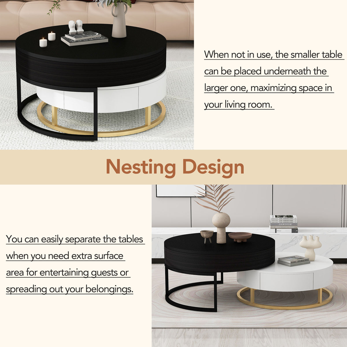 Lift-Top Coffee Tables with Drawers Black