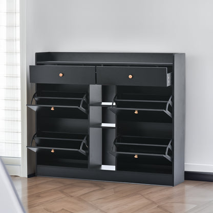 Modern Black Double-Layer Shoe Cabinet with Drawers