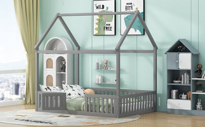 Full Wood Bed with Fence and Door Gray
