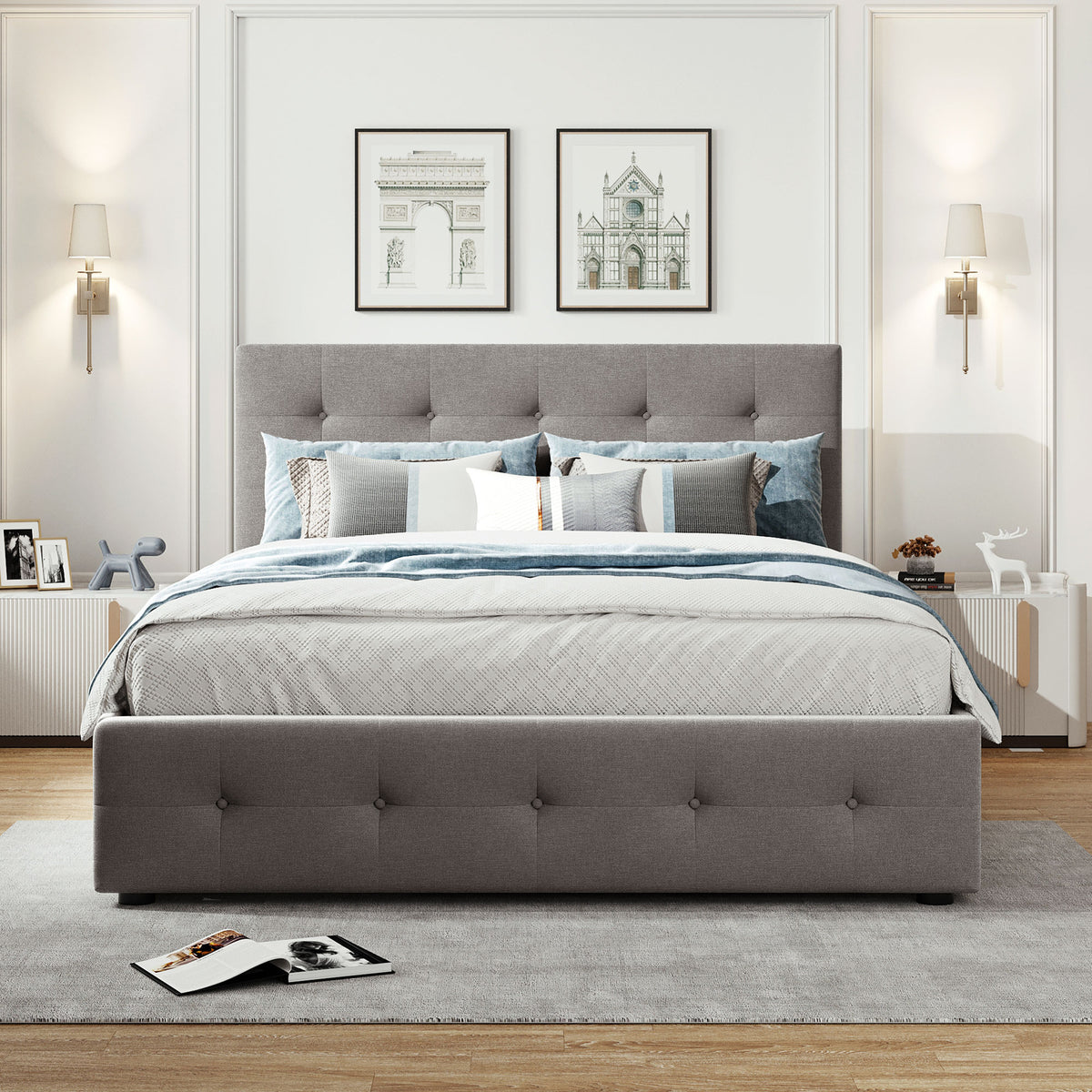 Upholstered Platform Bed Queen Light Gray