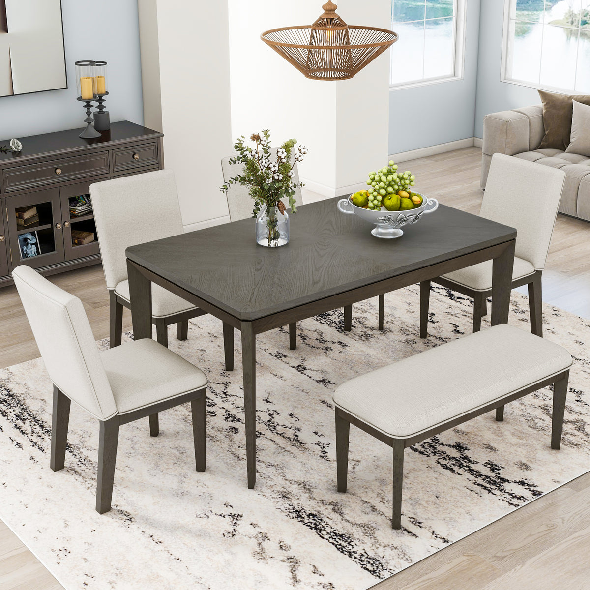 6-Piece Farmhouse Dining Set Beige Gray