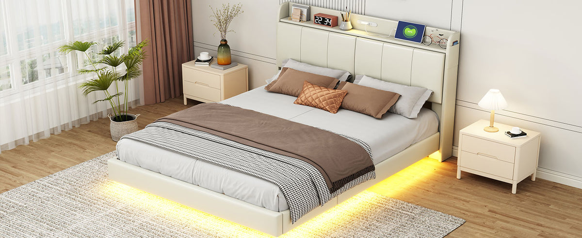 Platform Bed with Sensor Light and USB Beige