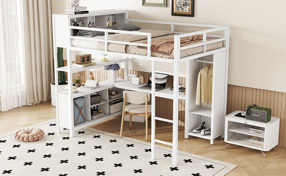 Full Loft Bed with Wardrobe and Shelf White
