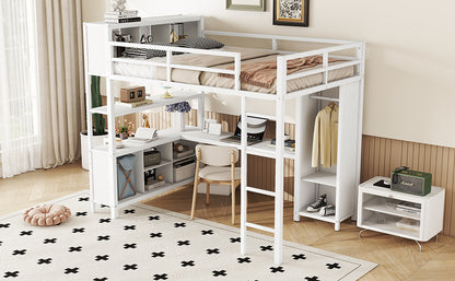 Full Loft Bed with Wardrobe and Shelf White