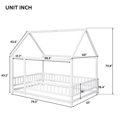 Full Wooden Bed with House Roof Frame White