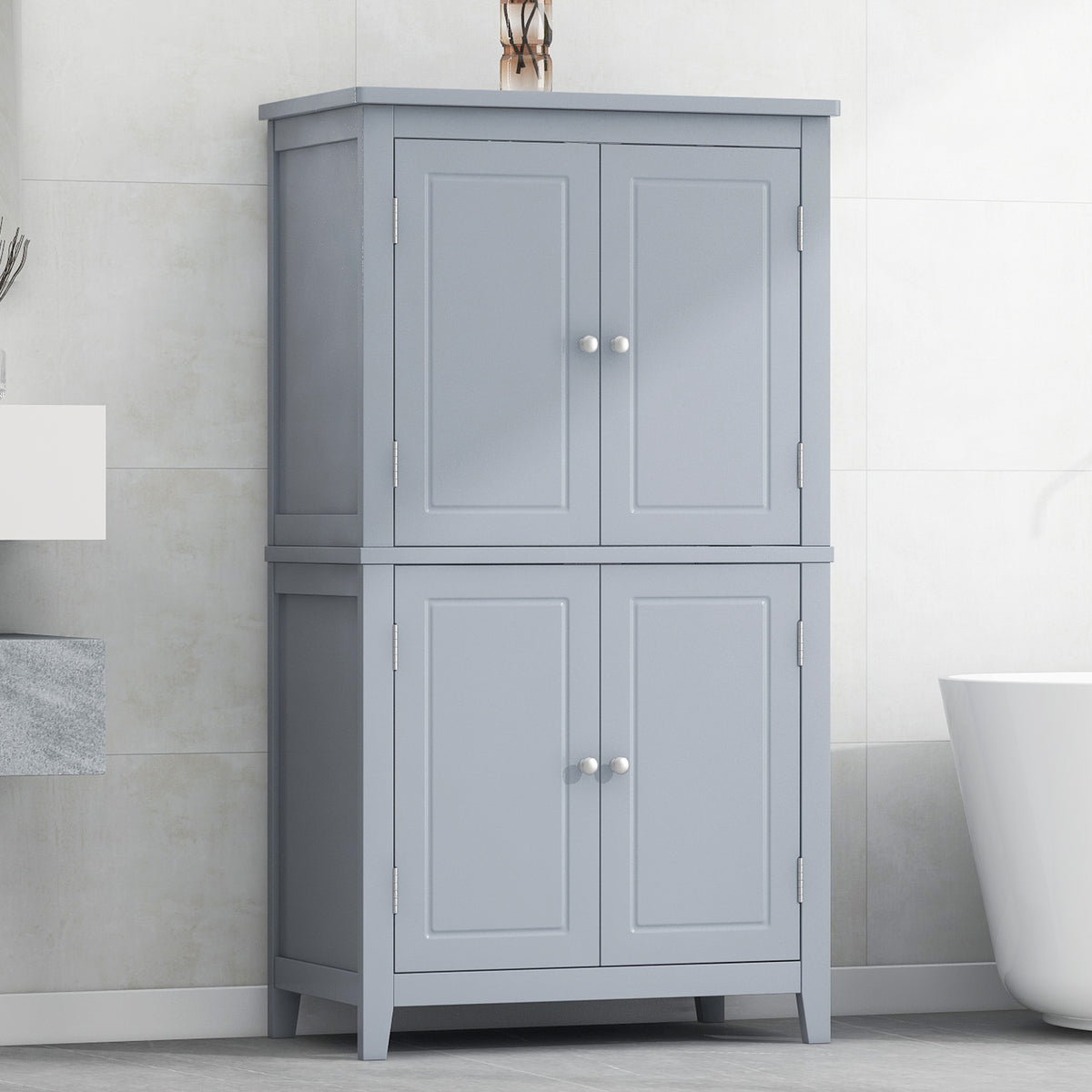 Gray Bathroom Floor Cabinet with Adjustable Shelves
