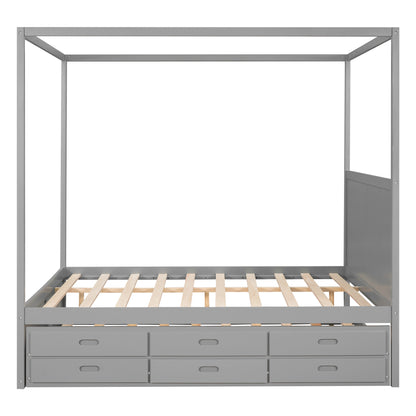 Queen Canopy Platform Bed with Drawers Gray