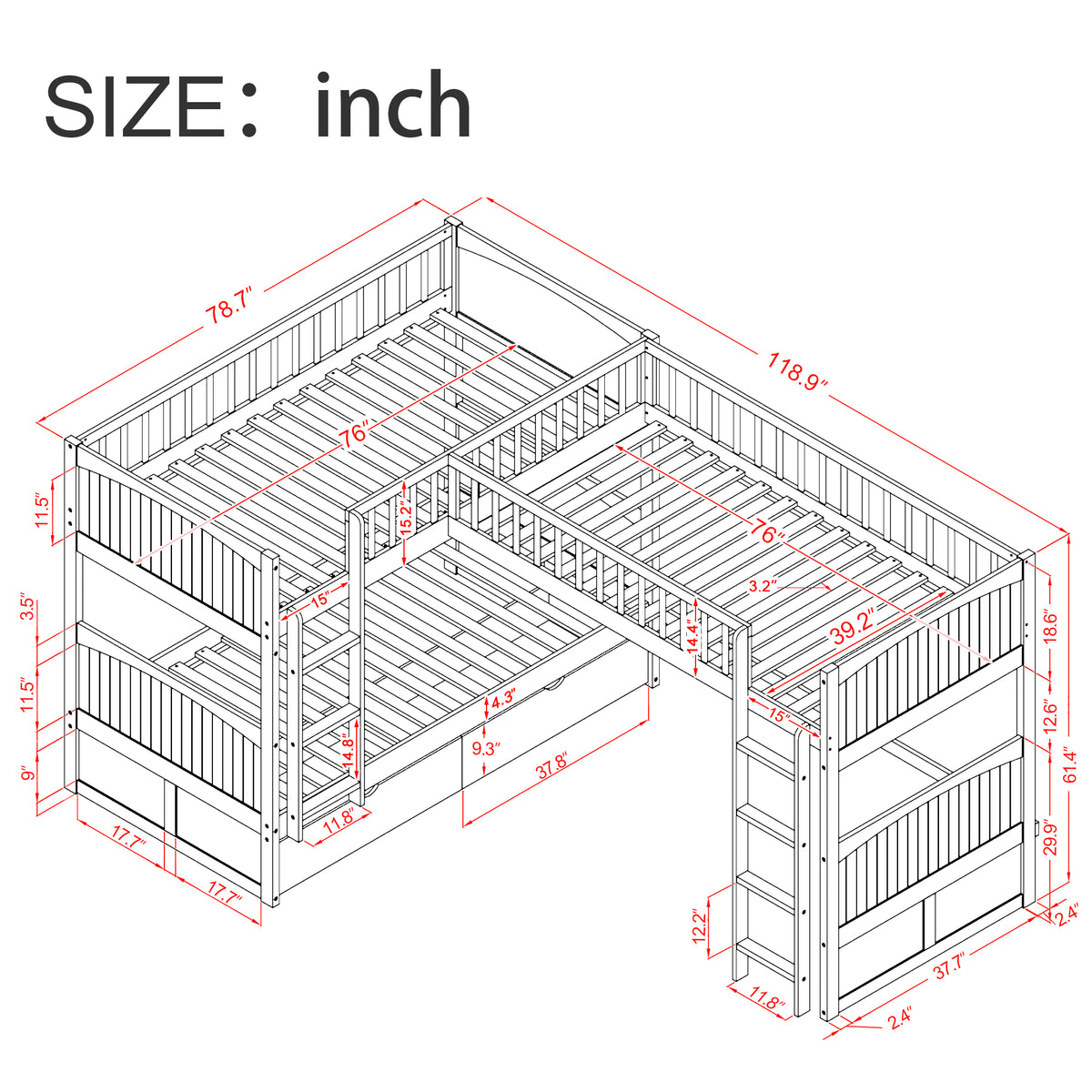 Twin Bunk Bed with Drawers Gray