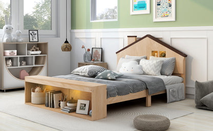 Full Platform Bed with LED Headboard – Natural Wood
