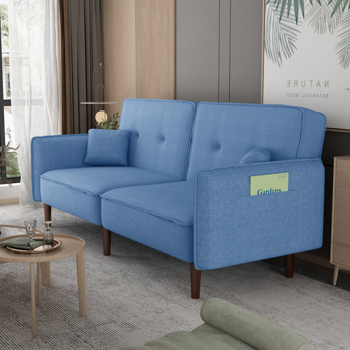 Blue Fabric Living Room Futon Sofa Bed